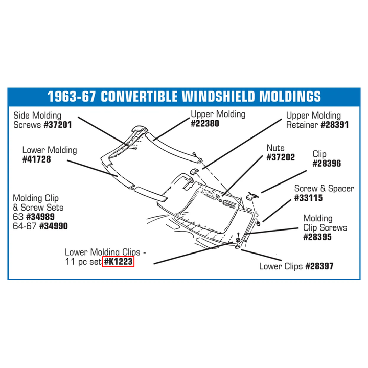 C2 1964-1967 Chevrolet Corvette Windshield Lower Molding Clip Set - Convertible - 11Pc