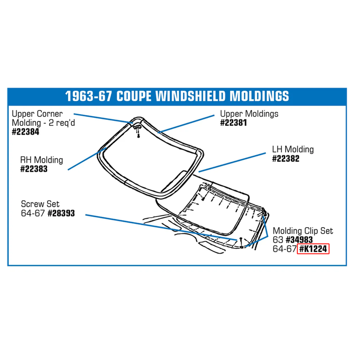 C2 1964-1967 Chevrolet Corvette Windshield Molding Clip Set - Coupe - 26Pc