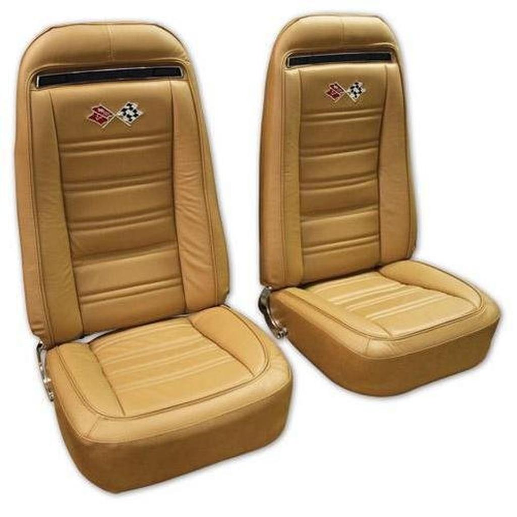 1973-1974 Corvette C3 Embroidered Leather Seat Covers - Med Saddle Lthr/Vnyl Original