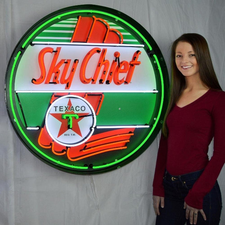 Corvette - Texaco Sky Chief - Neon Sign in a Metal Can : Large 36 Inch Across