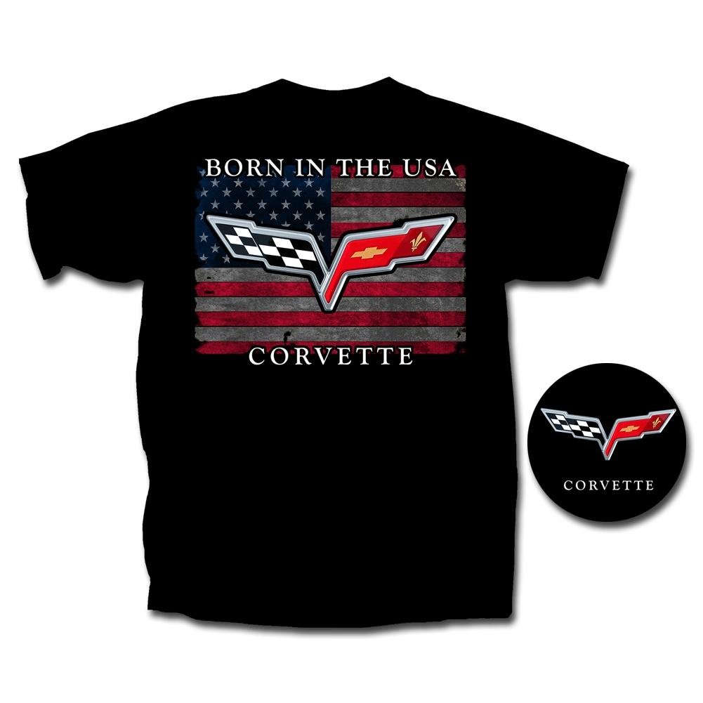 Corvette T-Shirt - "Born In The USA" w/ C6 Crossed Flags : Black XXL