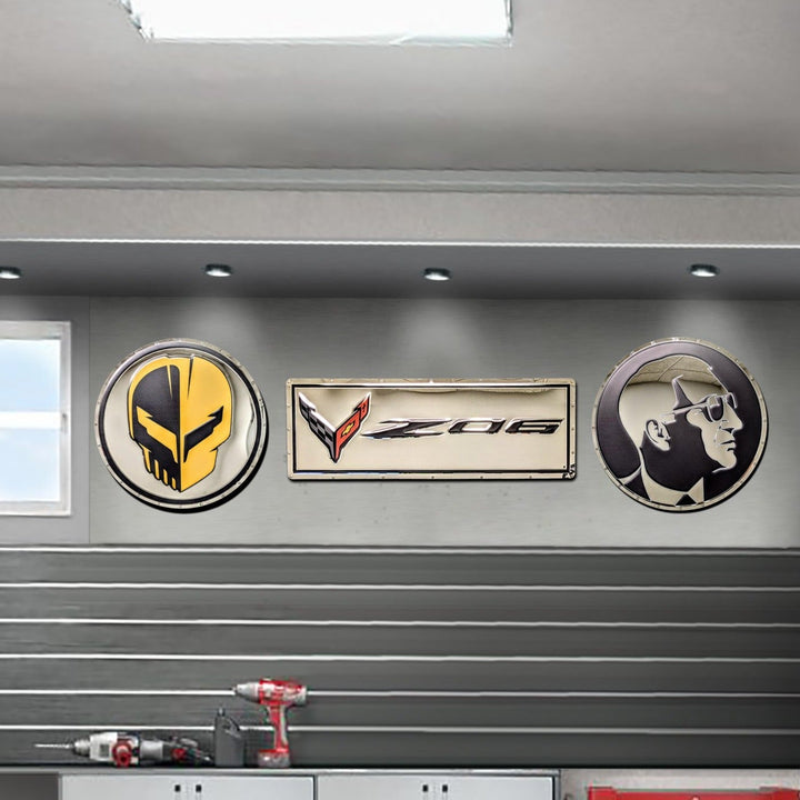C8 Z06 Corvette w/ Flags Stainless Sign - Chrome 35" x 12",Signs & Flags