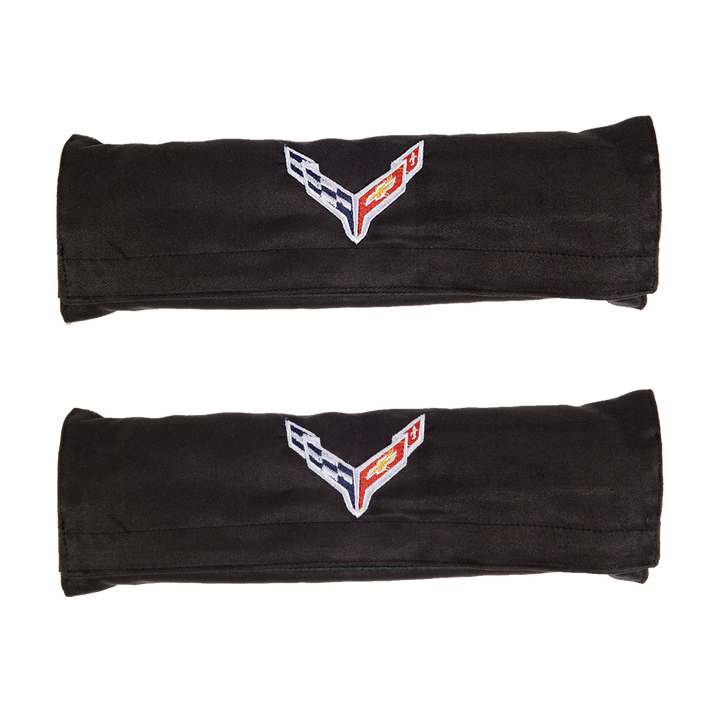 C8 Corvette Seatbelt Cover with Flags - Black,[Pair,Misc Interior