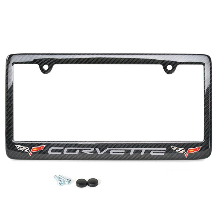 C6 2005 - 2013 Corvette Gray Script w/Double Logo License Plate Frame - Carbon Fiber,Exterior
