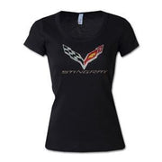 C7 Corvette - Ladies Rhinestone Scoop Neck Tee C7 Flag Logo w/Stingray Script,Apparel