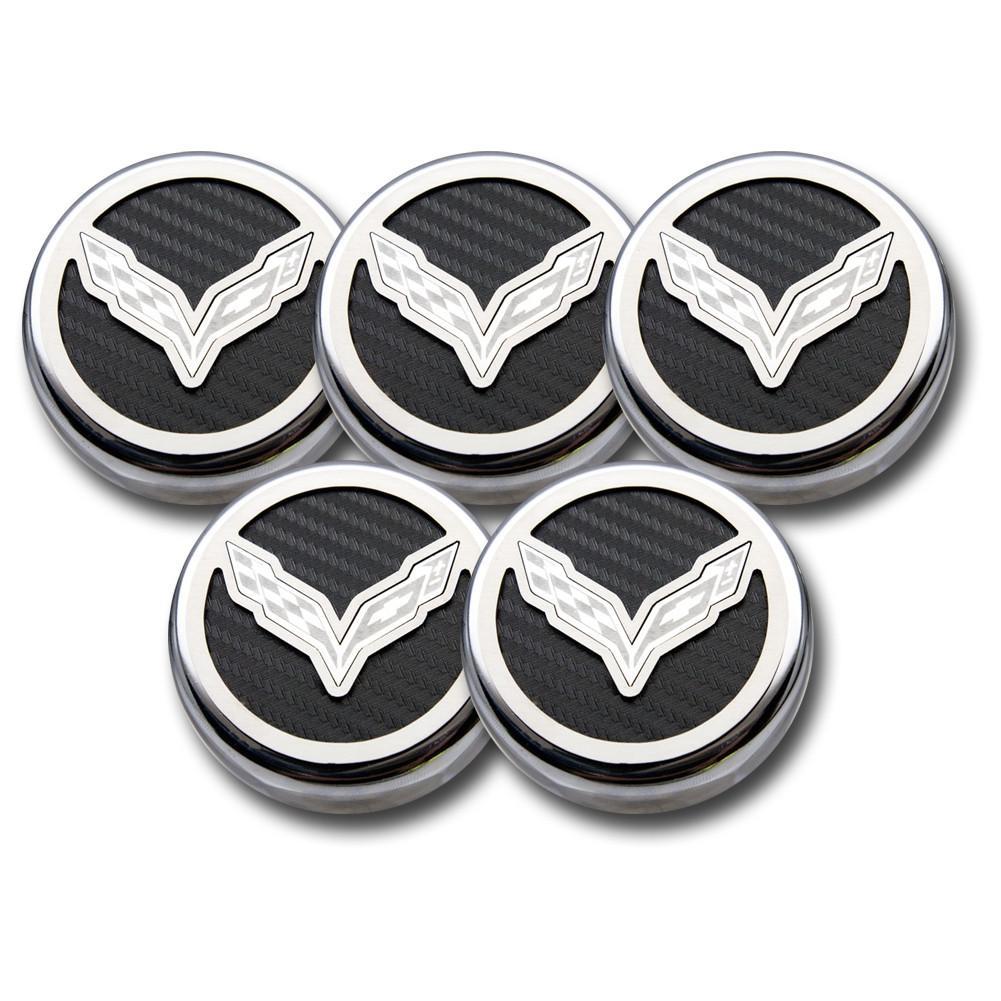 C7 Corvette Cap Cover 5Pc. Set Auto - C7 Crossed-Flags Emblem GM Licensed Chrome/Brushed/Carbon Fiber Inlay Colors,Engine