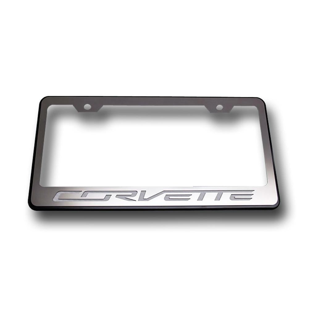 C7 Corvette Stingray License Plate Frame - Black w/Stainless Steel Overlay & Carbon Fiber "CORVETTE" Script,Exterior