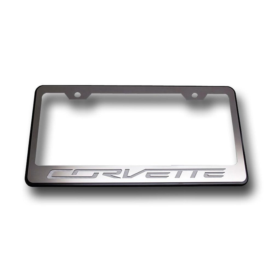 C7 Corvette Stingray License Plate Frame - Black w/Stainless Steel Overlay & Carbon Fiber "CORVETTE" Script,Exterior