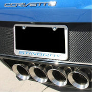 C7 Corvette Stingray License Plate Frame - Chrome w/Stainless Steel Overlay & Carbon Fiber "STINGRAY" Script,Exterior
