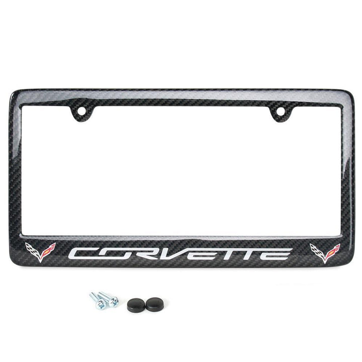 C7 Stingray Lite Gray Corvette script with w/Double Logo License Plate Frame - Carbon Fiber,Exterior