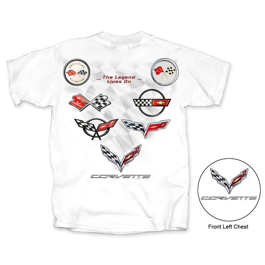 Corvette - Legend Lives On - All Year Corvette Logo T-shirt : White, C1-C7, 1953-2016,Apparel