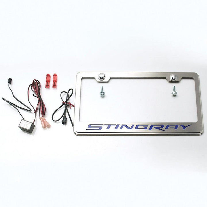 Corvette License Plate Frame - Chrome w/Stainless Steel Illuminated "STINGRAY" Script : C7 Stingray,Exterior