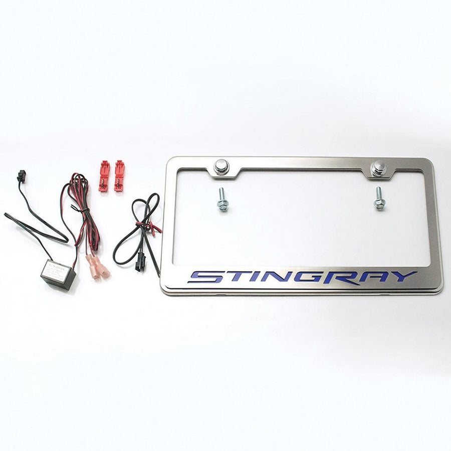 Corvette License Plate Frame - Chrome w/Stainless Steel Illuminated "STINGRAY" Script : C7 Stingray,Exterior