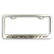 Corvette License Plate Frame - Chrome w/Stainless Steel Overlay & Carbon Fiber Script : 2005-2013 C6, Z06, Grand,Sport, ZR1,Exterior