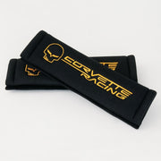 Corvette Seatbelt Harness Pads - Black with Yellow Jake Logo Racing Script (05-13 C6/Z06/ZR1/Grand Sport),Interior