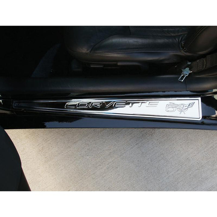 (97-04 C5) : Corvette Sill Plates - Billet Aluminum Chrome with 50th Logo,Interior