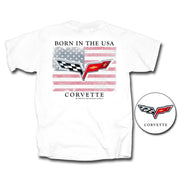Corvette T-Shirt - "Born In The USA" w/ C6 Crossed Flags: White,Apparel